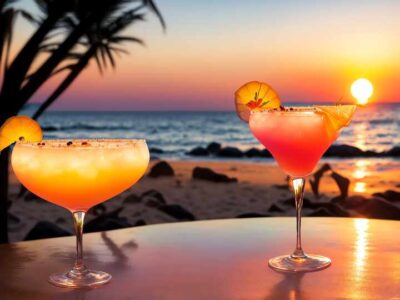 Tropical drinks at sunset in the Bahamas
